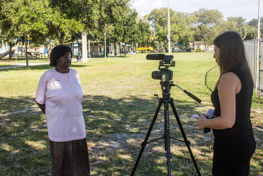 NNB reporter Danielle Von Dreele interviews Dolores Fletcher at the Thomas "Jet" Jackson Recreation Center polling site. Photo by Bernardo H. Motta