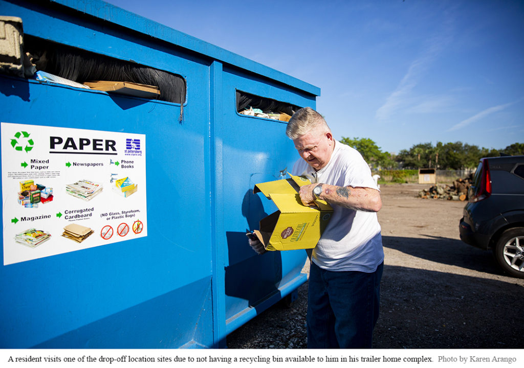 A resident visits one of the drop-off sites due to not having a recycling bin available to him in his trailer home complex. Photo by Karen Arango.